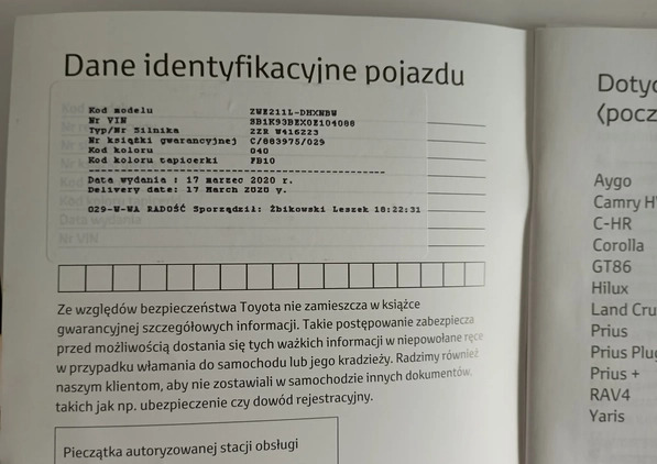 Toyota Corolla cena 80800 przebieg: 85625, rok produkcji 2020 z Piechowice małe 191